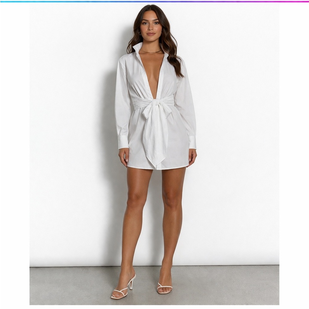 Forever 21 White Long-Sleeve Tie-Front Mini Dress